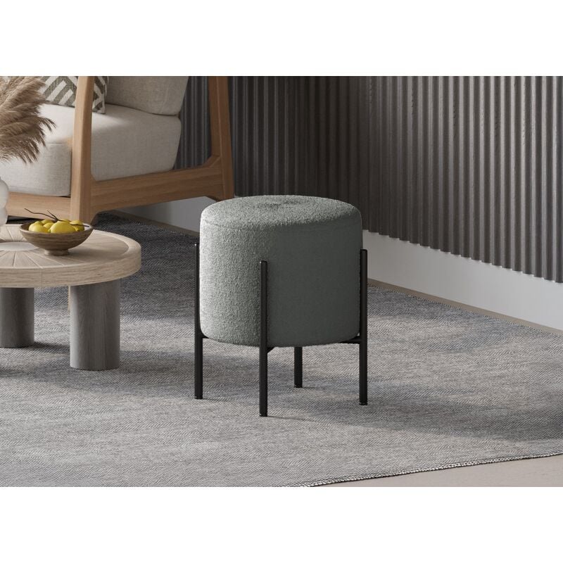 Liren - Pouf design en tissu bouclette gris et pieds en métal noir liren