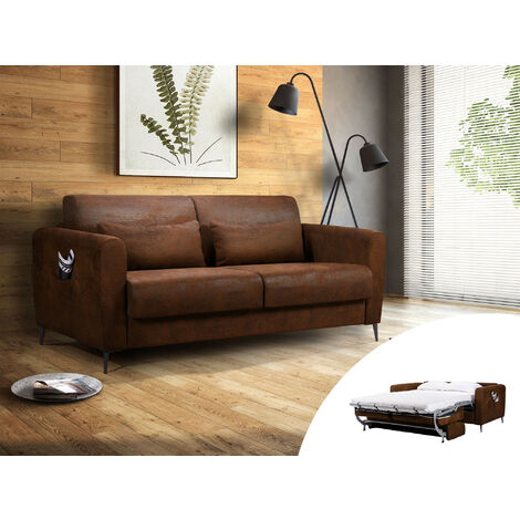 Lisa Design – Canapé 3 places convertible express – Couchage quotidien 190x140 cm – Matelas 12 cm en mousse – Revêtement microfibre aspect vieilli