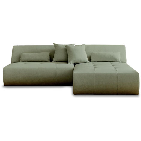 Lisa Design – Canapé d'angle modulable réversible 4 places – Tissu polyester vert sauge – Design sans accoudoir – Coussins décoratifs inclus