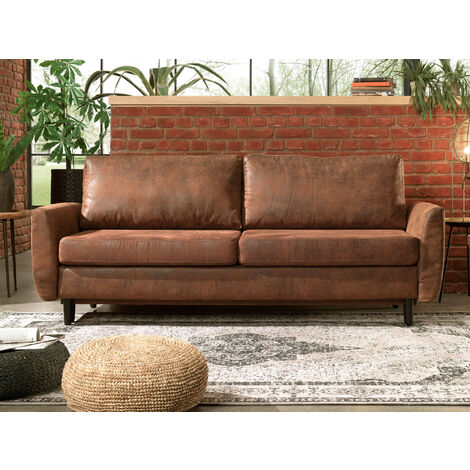 Lisa Design – Canapé droit 3 places convertible avec coffre de rangement – Revêtement microfibre marron vieilli – Structure bois massif – Style industriel