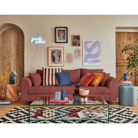 Lisa Design – Canapé droit 3 places en velours côtelé terracotta – Structure bois massif FSC – Assise mousse polyuréthane – Dimensions L210 x H81 x P93 cm