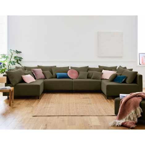 Lisa Design – Canapé modulable panoramique 6 places – Velours côtelé vert – Design contemporain – Charge max 720 kg – Dimensions 380x190 cm