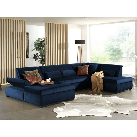 Lisa Design – Canapé panoramique d'angle droit 7 places – XXL en velours bleu nuit – Accoudoirs réglables – Coussins déco inclus – Confort optimal