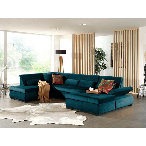 Lisa Design – Canapé panoramique d'angle gauche 7 places – Largeur 3,35m – Revêtement velours 100% polyester – Accoudoirs réglables – Coussins décoratifs inclus