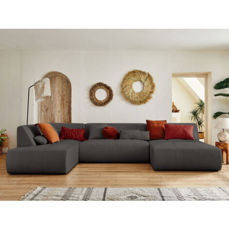 Lisa Design – Canapé panoramique d'angle gauche 7 places – Revêtement tissu 100% polyester – Structure bois – Dimensions L334 x H75 x P198 cm
