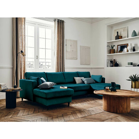 Lisa Design – Canapé panoramique en U 7 places convertible avec coffre – Velours 100% polyester bleu canard – Structure bois massif – Dimensions L289 x P148 cm