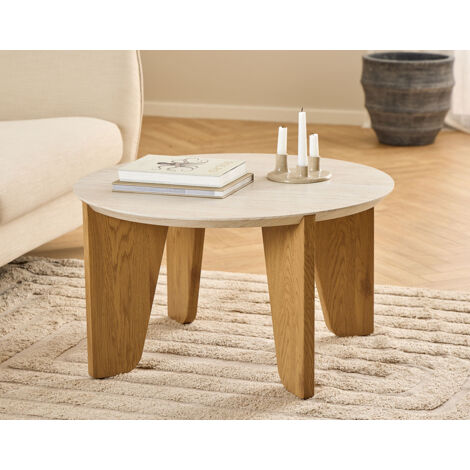 Lisa Design – Table basse ronde 80 cm – Plateau effet travertin – Pieds en chêne – Hauteur 45 cm – Finition satinée – Design moderne pour salon contemporain