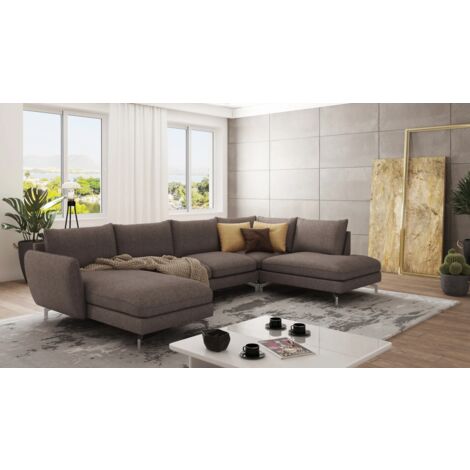 Lisa Wohnlandschaft mit Metall Füßen, Braun - Khaki Microfaser