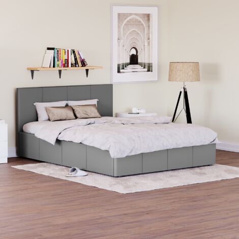 Lisbon 4ft6 Double Faux Leather Ottoman Bed Frame, Grey, 190 x 135 cm