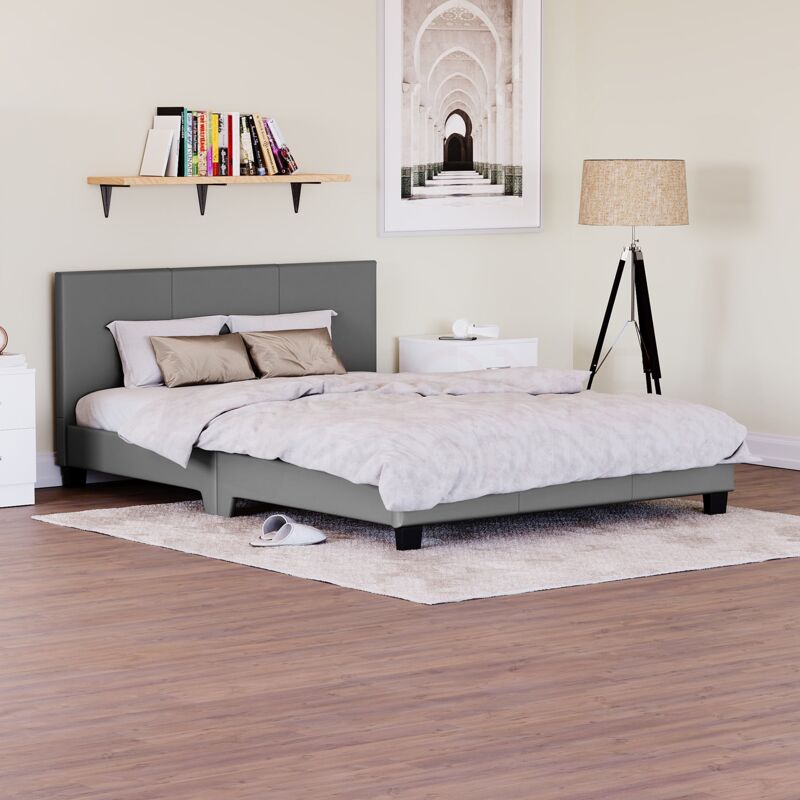 Lisbon 4ft6 Double Faux Leather Bed Frame, Grey, 190 x 135 cm