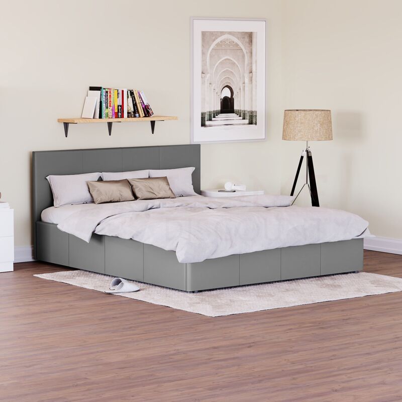 Lisbon 5ft King Size Faux Leather Ottoman Bed Frame, Grey, 200 x 150 cm