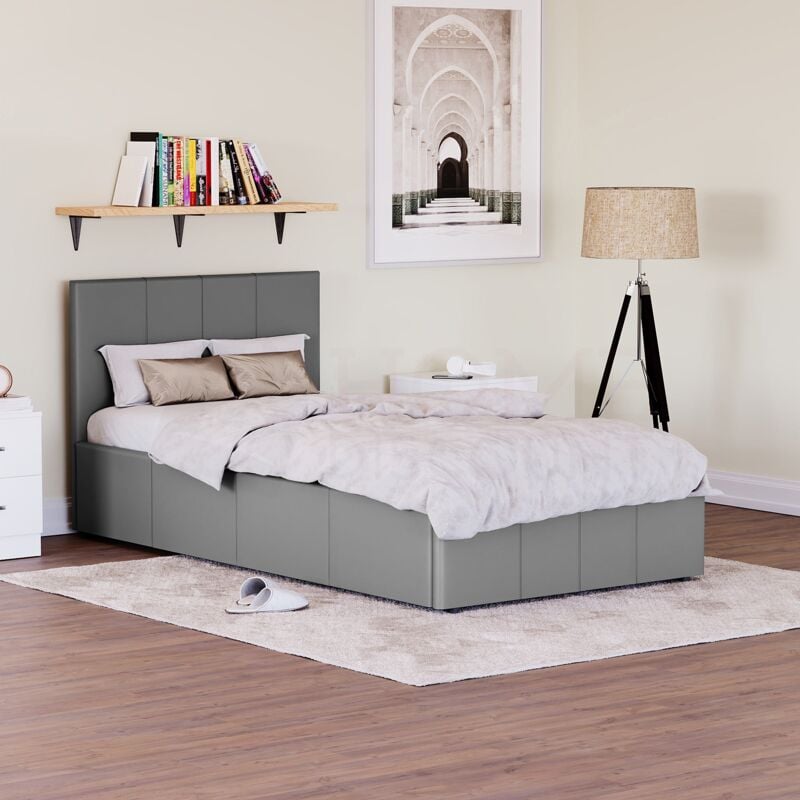 Lisbon 3ft Single Faux Leather Ottoman Bed Frame, Grey, 190 x 90 cm