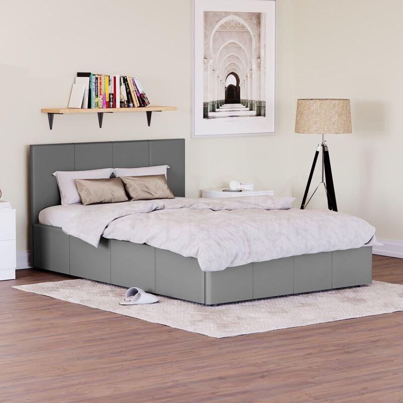 Lisbon 4ft Small Double Faux Leather Ottoman Bed Frame, Grey, 190 x 120 cm