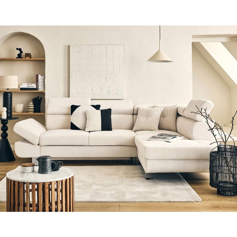 Bestmobilier - Lisbona - canapé d'angle droit 5 places convertible avec têtières en velours côtelé - beige