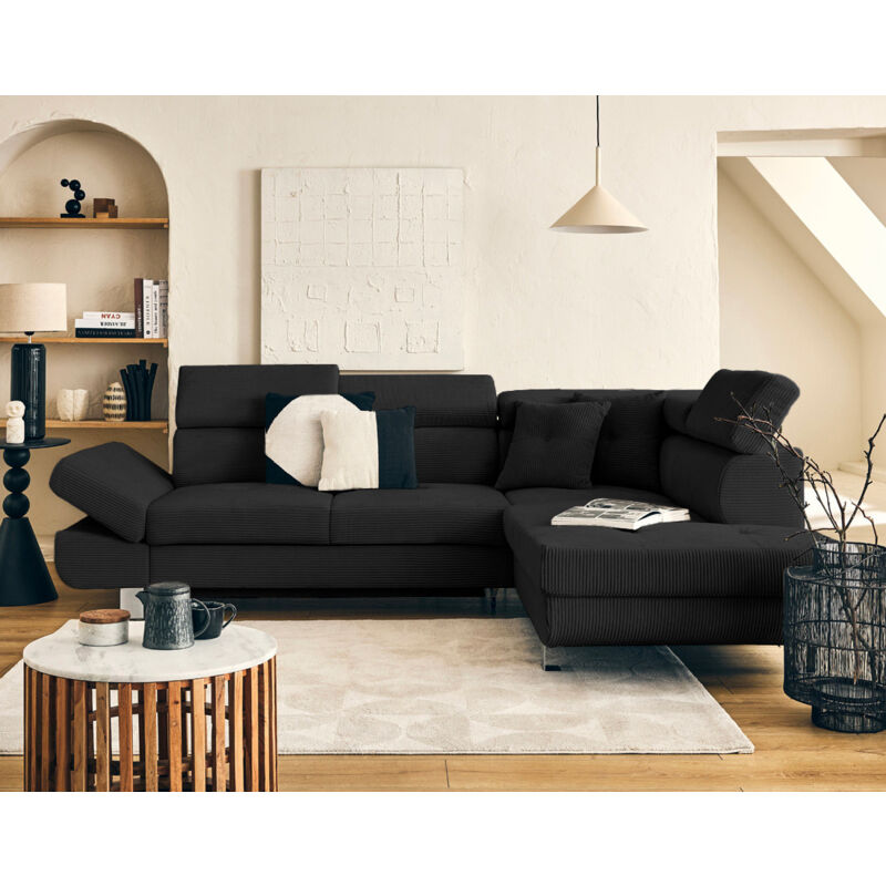 Bestmobilier - Lisbona - canapé d'angle droit 5 places convertible avec têtières en velours côtelé - noir