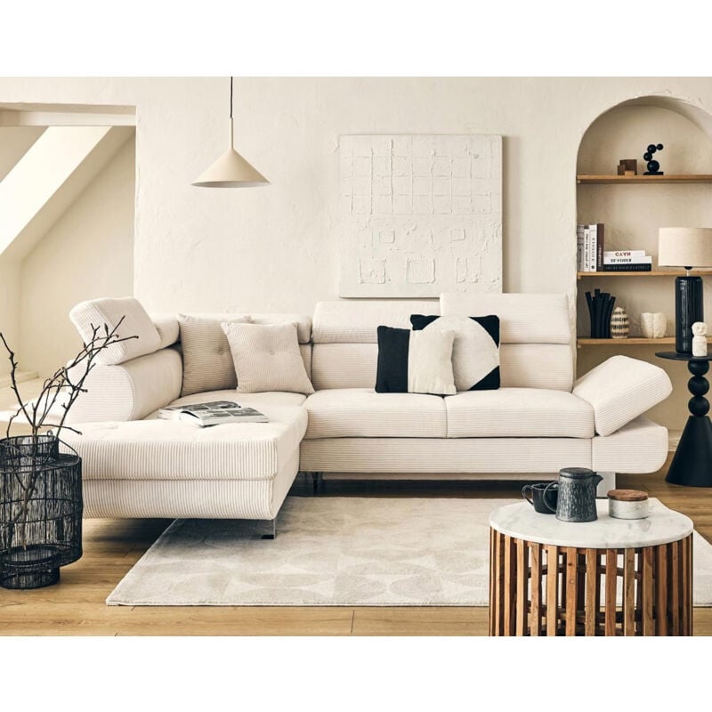 Bestmobilier - Lisbona - canapé d'angle gauche 5 places convertible avec têtières en velours côtelé - beige