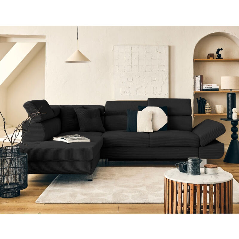 Bestmobilier - Lisbona - canapé d'angle gauche 5 places convertible avec têtières en velours côtelé