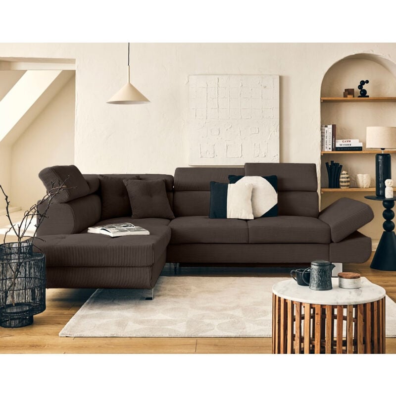 Bestmobilier - Lisbona - canapé d'angle gauche 5 places convertible avec têtières en velours côtelé - marron