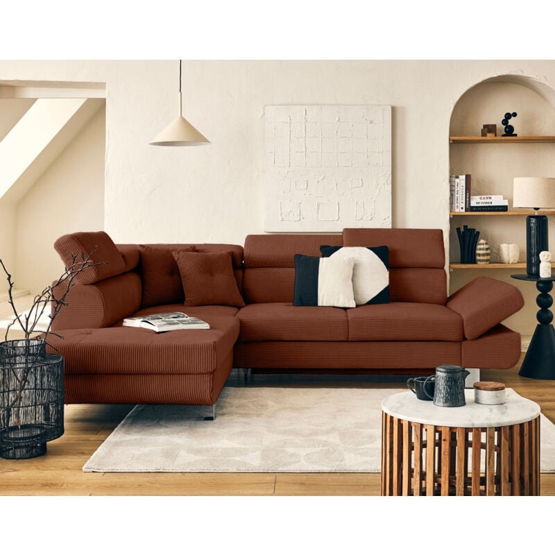 Bestmobilier - Lisbona - canapé d'angle gauche 5 places convertible avec têtières en velours côtelé - terracotta