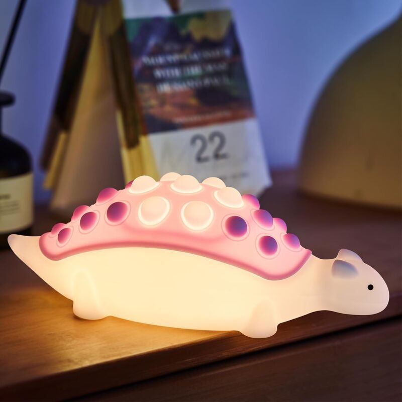 Liseuse Dinosaure pour Enfant,Lamp en Silicone avec Bulle Pop,7 Modes de Veilleuse,Lampe Tactile Rechargeable,Décoration de Chambre de Bébé (violet)