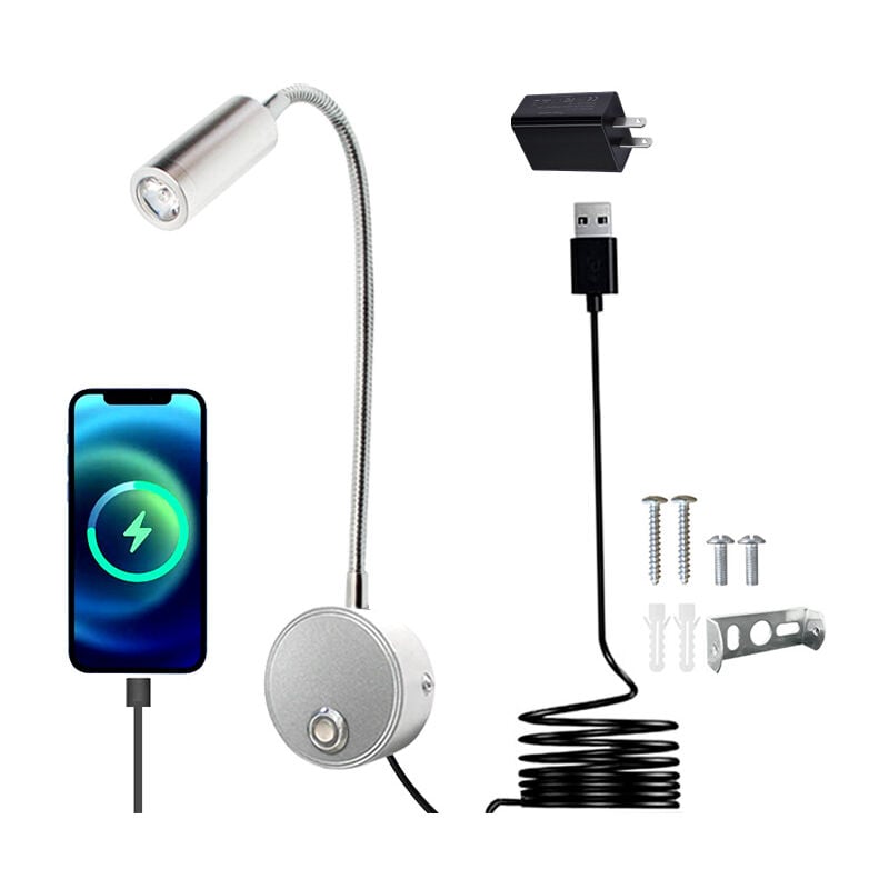 Houhence - 3W Lampe de chevet murale led avec interrupteur tactile dimmable et port de charge USB,liseuse de lit pivotante à 360° avec prise et câble