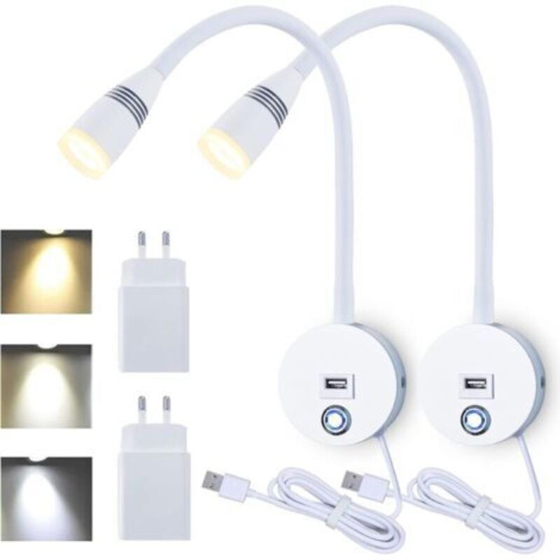 Liseuse Murale Flexible avec USB, Dimmable Liseuse de Chevet, Applique Murale Intérieure avec Interrupteur, Lampe Murale Chambre Commande tactile, 3W
