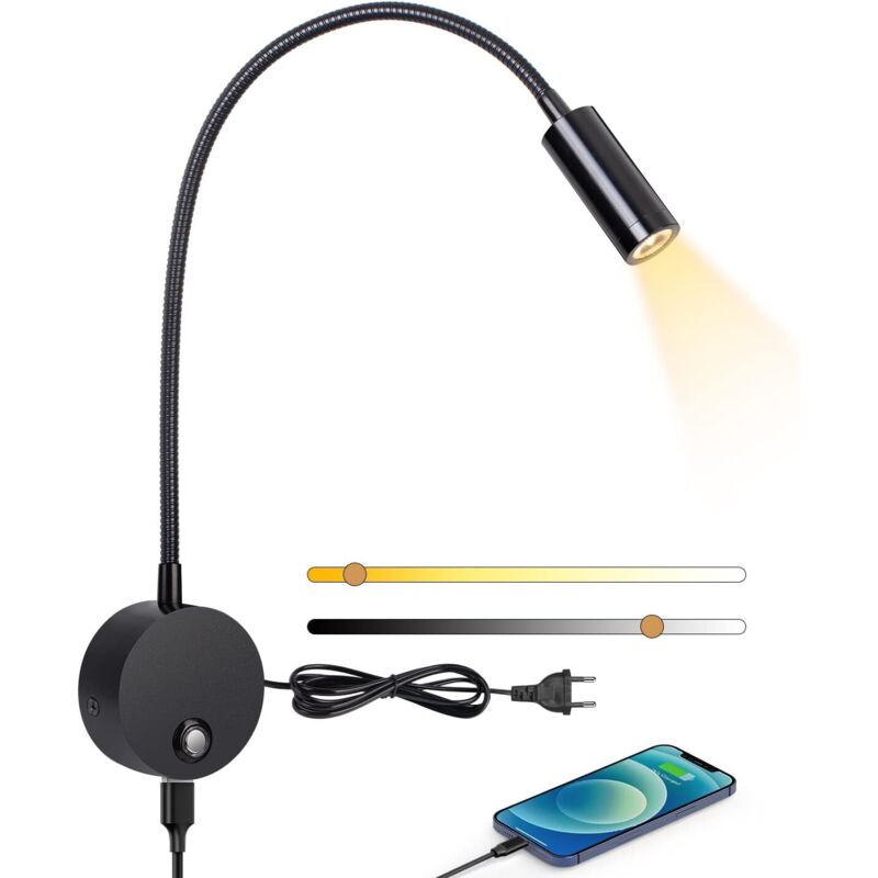 Liseuse murale,Lampe de chevet murale led avec interrupteur tactile dimmable et port de charge USB,3W liseuse de lit pivotante à 360°avec prise et