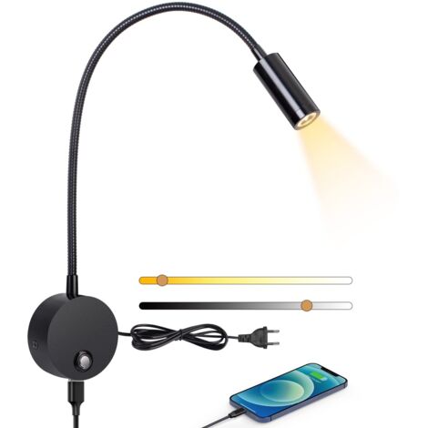 Liseuse murale, Lampe de chevet murale LED avec interrupteur tactile dimmable et port de charge USB, 3W liseuse de lit pivotante à 360° avec prise et câble pour chambre, 3000-6000K, Noir