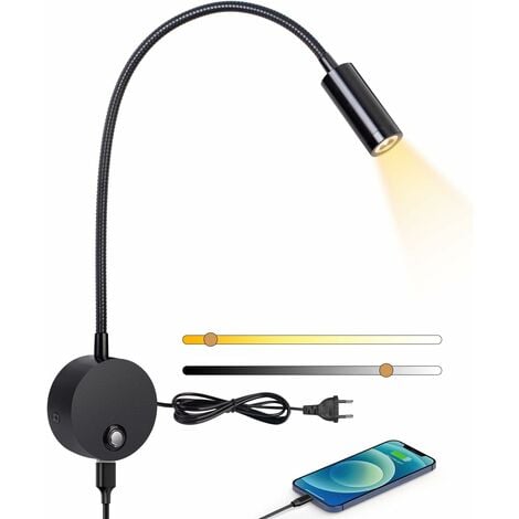 HEYTEA Liseuse murale,Lampe de chevet murale LED avec interrupteur tactile dimmable et port de charge USB,3W liseuse de lit pivotante à 360°avec prise et cable pour chambre,3000-6000K,Noir[Classe énergétique