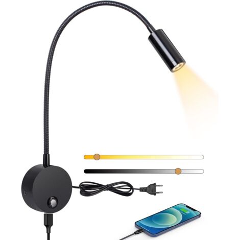 HEYTEA Liseuse murale,Lampe de chevet murale LED avec interrupteur tactile dimmable et port de charge USB,3W liseuse de lit pivotante à 360°avec prise et cable pour chambre,3000-6000K,Noir[Classe énergétique