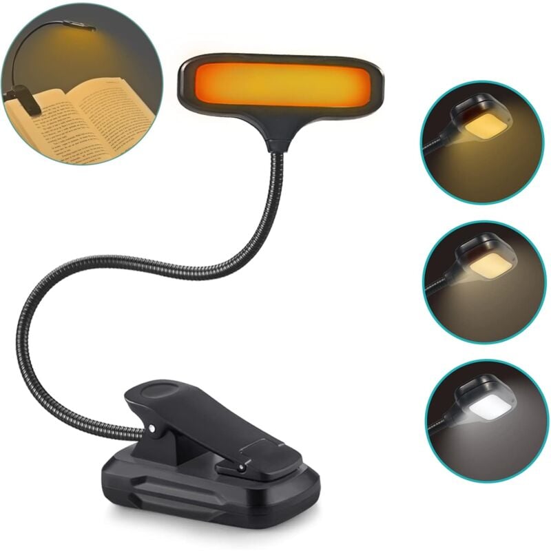 Liseuse pince-livre, lampe-livre rechargeable USB C avec 15 LED, 3 couleurs (blanc/ambre/mixte), 3 niveaux de luminosité, flexible à 360° pour lire