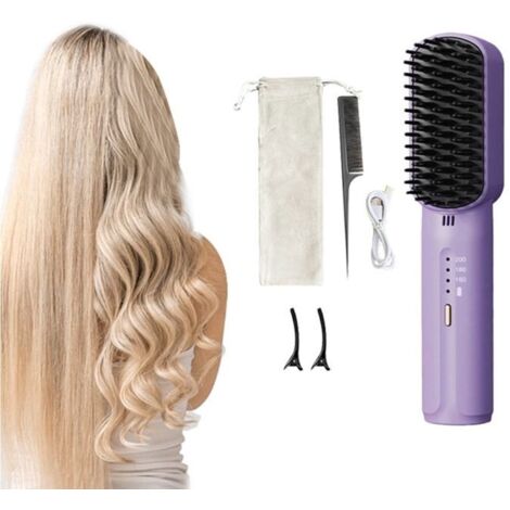 Lisseur à cheveux portable rechargeable à ions négatifs, peigne lissant violet