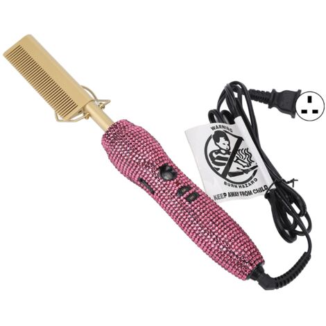 Lisseur Brosse à Cheveux avec Strass, Chauffage Rapide, Rose Rouge, Prise UK 220V pour Coiffure