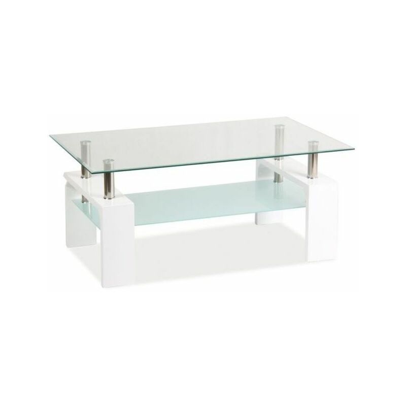 Hucoco - LISTE - Table basse minimaliste - 55x100x60 cm - Plateau rectangualaire en verre - Avec tablette - Table à café - Blanc