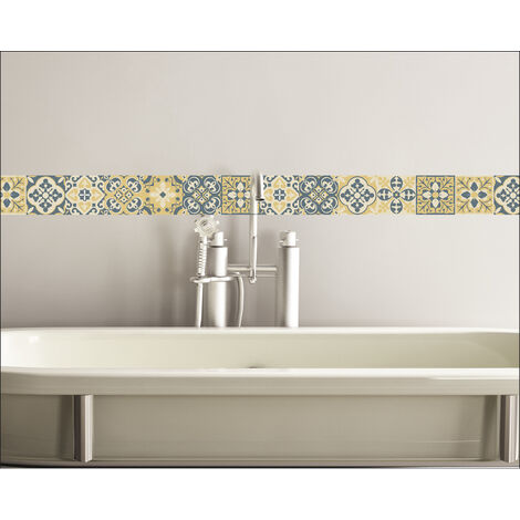 Listel adhésif Celletta, motif carreaux de ciment ancien jaune et bleu, 5x3 cm, 180 cm, décoratif autocollant.