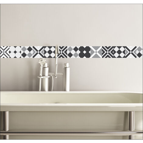 Listel adhésif décoratif autocollant, carreau de ciment graphiques tons noir gris blanc, croix, losange, carré, géométrique, 5 cm X 180 cm - Noir