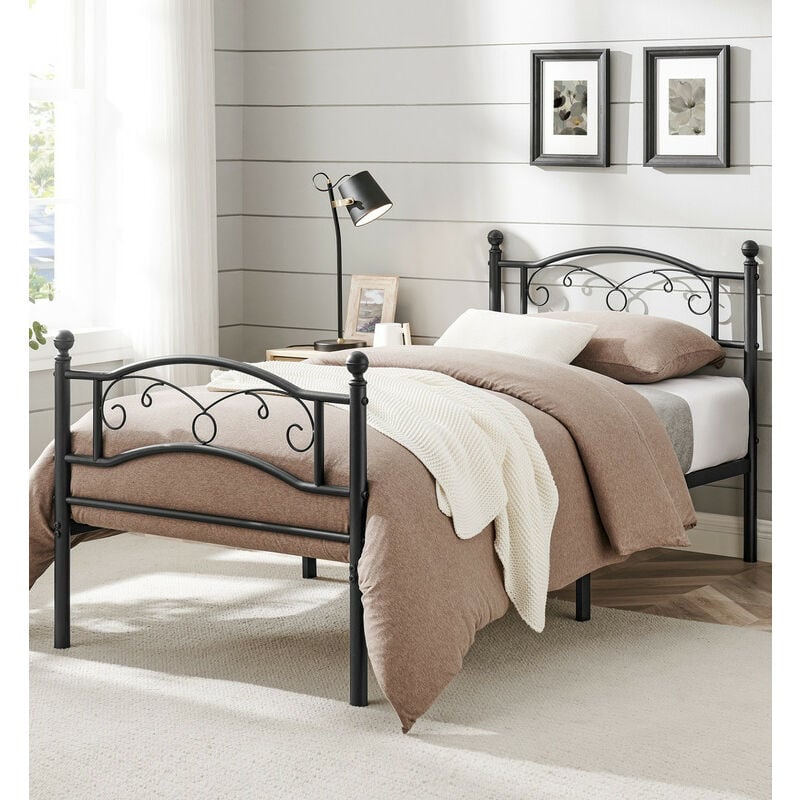 Vasagle - Lit 90 x 190 cm, 1 Personne en Métal, Cadre de Lit 1 Place, Lit d'Invité, pour Adulte, Adolescent, Montage Facile, Noir