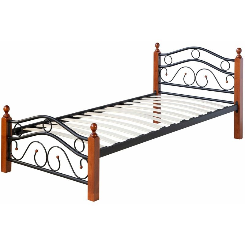 Décoshop26 - Lit 1 personne en métal et bois marron foncé 90x200 cm avec sommier à lattes LIT06214