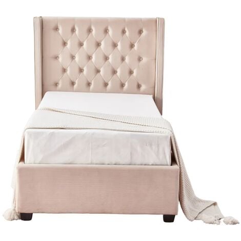 HOMY FRANCE Lit 1 place 90x190 cm velours beige clouté ERES sommier inclus