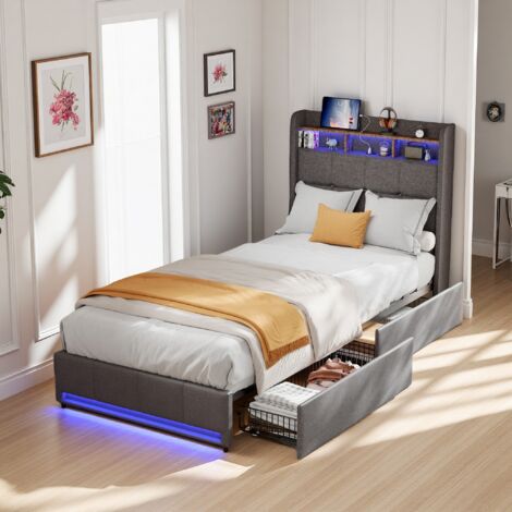 Lit 1 Place 90x200cm avec Tiroirs, Lit Adulte, Lit Simple capitonné avec LED Réglables,  Tête de Lit avec Port USB et Rangement, Sommier à Lattes, Lin, Gris
