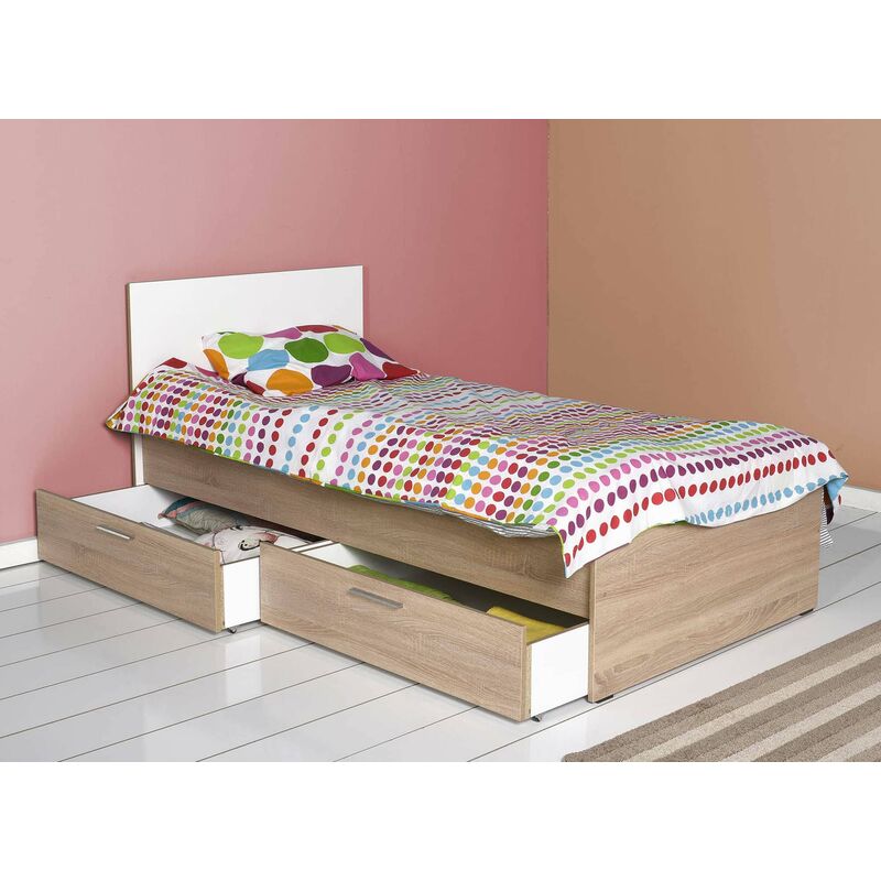 Lit 1 place avec 2 tiroirs de rangement couleur bois 90 x 190 cm JULIE