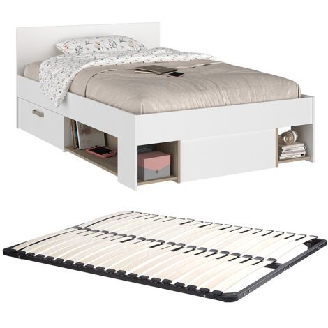 Lit 120 x 190/200 cm avec rangements - Blanc et naturel + Sommier - KINSELIA
