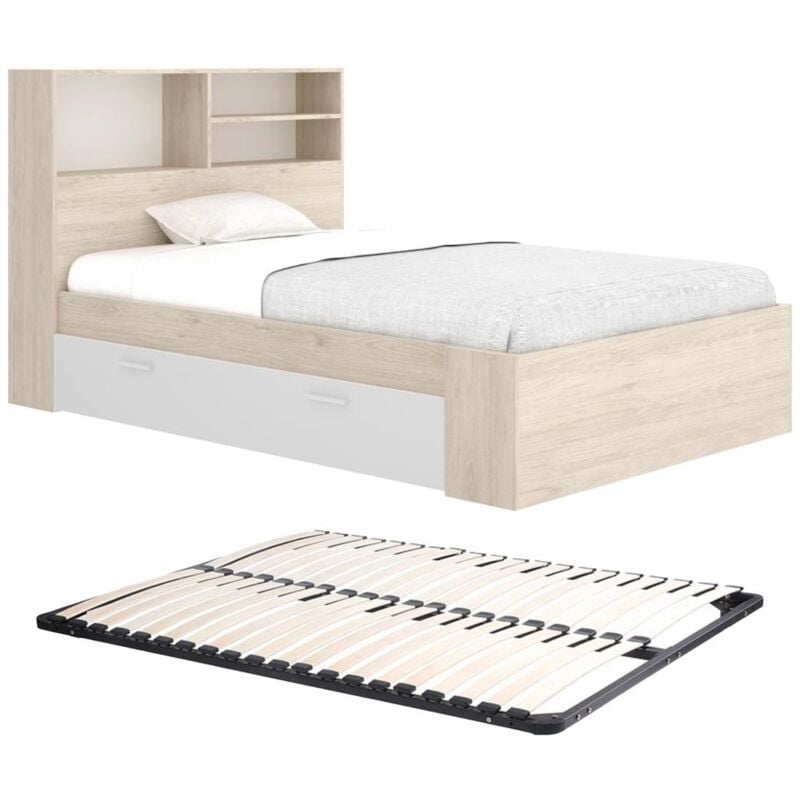 Lit 120 x 190 cm avec rangements - Coloris : Naturel et blanc + Sommier - vardiel