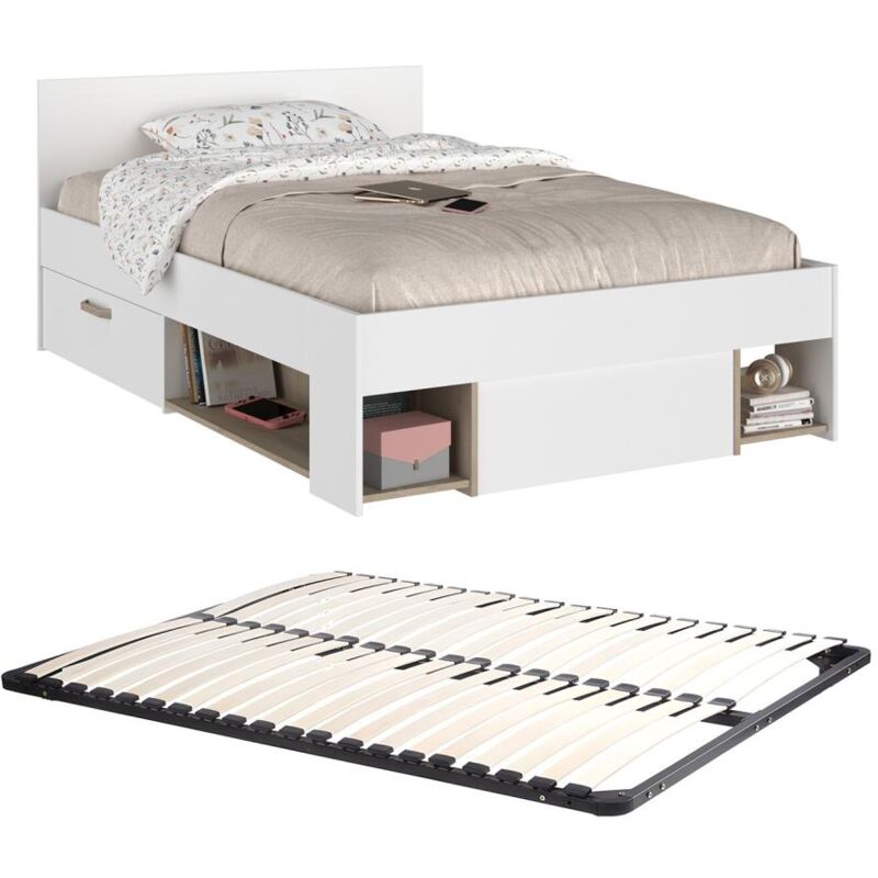 Lit 120 x 190/200 cm avec rangements - Blanc et naturel + Sommier - KINSELIA