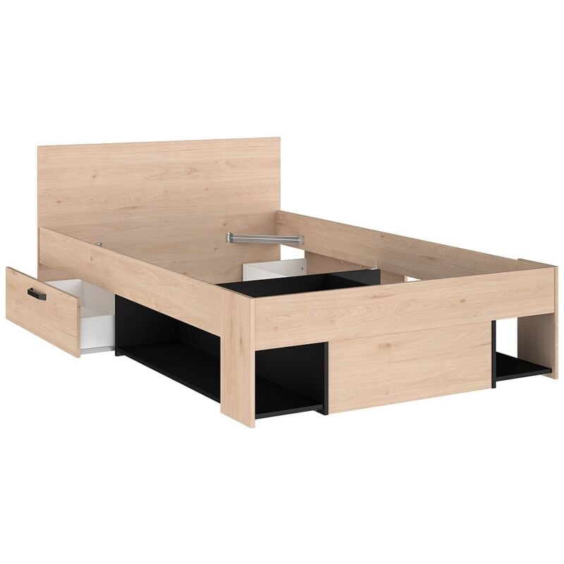 Vente-unique - Lit 120 x 190/200 cm avec rangements - Coloris : Naturel et noir - kinselia