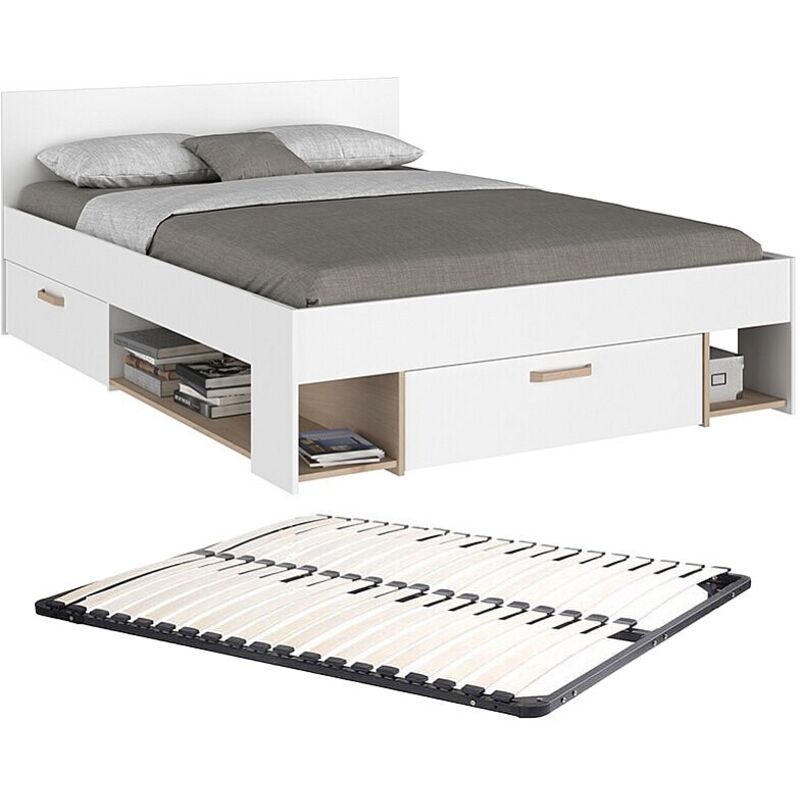 Vente-unique - Lit 140 x 190/200 cm avec rangements - Blanc et naturel + Sommier - kinselia