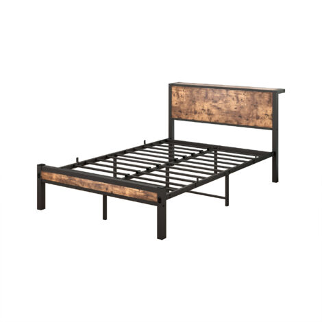 Lit 120x200 cm avec sommier métallique, tête de lit de rangement, silencieux, marron vintage