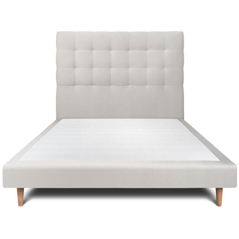 Lit 140x190cm avec tête de lit capitonnée velours et sommier tapissier gris clair - Hauteur totale : 29cm