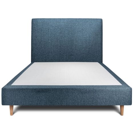 Lit 135x190cm avec tête de lit tapissier bouclette et sommier tapissier Bleu - Hauteur totale : 35cm