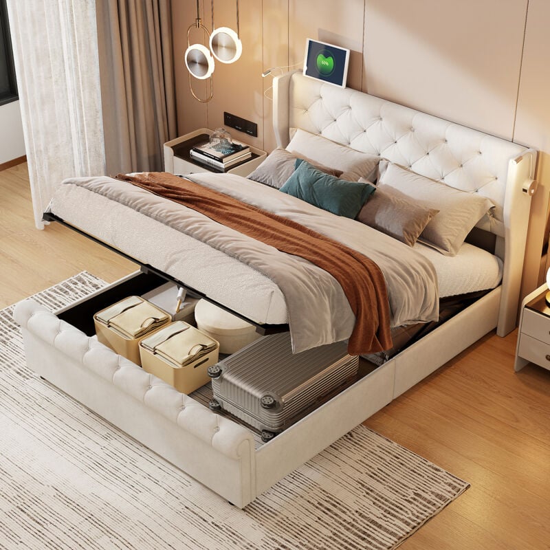 Lit 140 x 190 avec sommier,lit coffre double 140 x 190,lit adulte capitonné avec chargement USB,liseuse,velours, beige